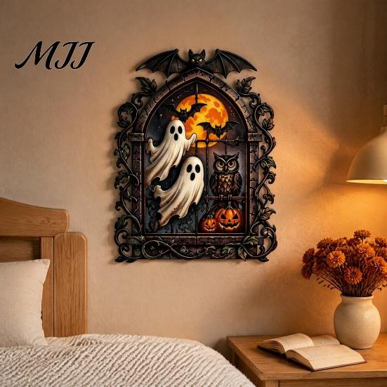 Metal Craft Party Supplies Gothic Ghost Wall Art, Vintage Bat Pumpkin Owl Hanging Plaques Sign for Living Room Bedroom Home Entrance Decor Indoor