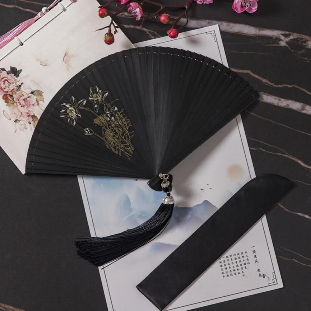 Chinesischer Stil Japanischer Klassischer Faltfächer Antiker Stil Schwarzer Faltfächer für Damen Handgefertigt Exquisite Handfächer