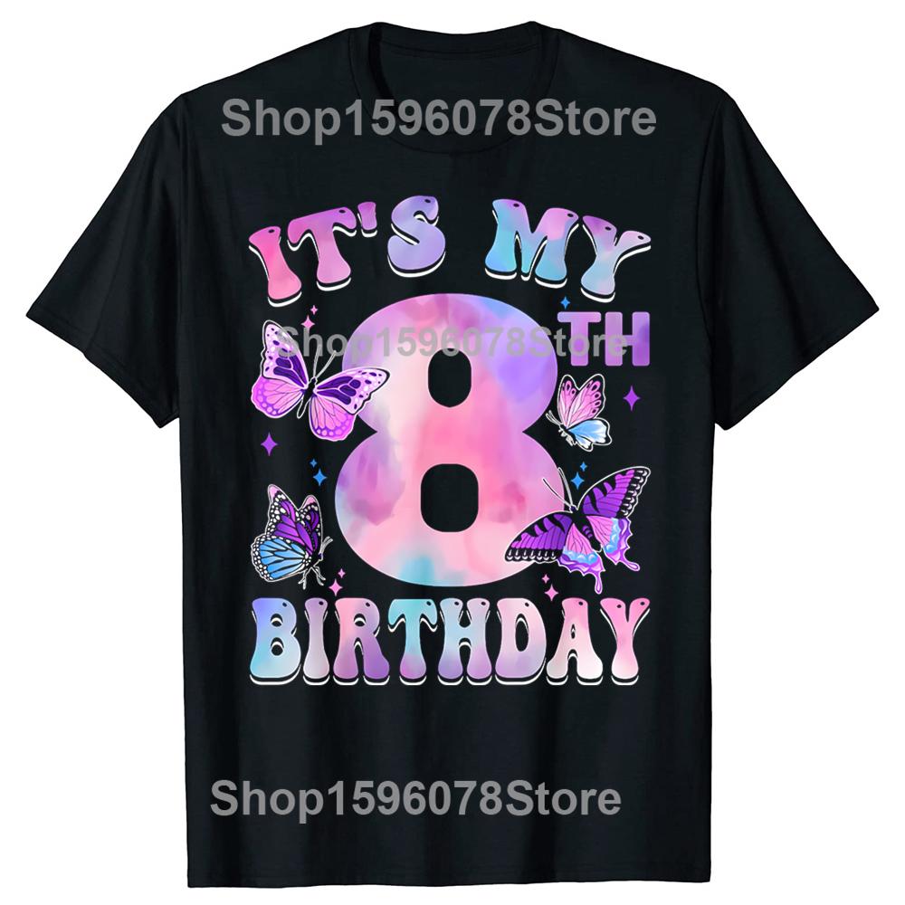 Its My 8th Birthday Butterfly Theme 8 Year Old Party Girl TShirt Men Women Cotton Short Sleeve Oversized Loose Tshirt Tops
