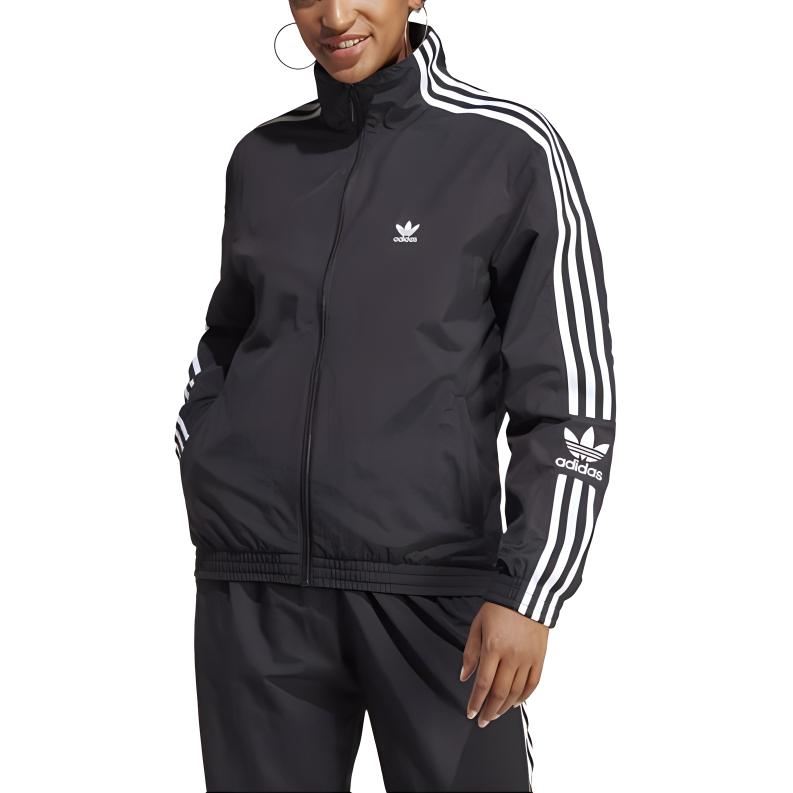 adidas Originals Trefoil Logo Print Striped Long Sleeve Stand Collar Jacket Women Jacket Black IB7443