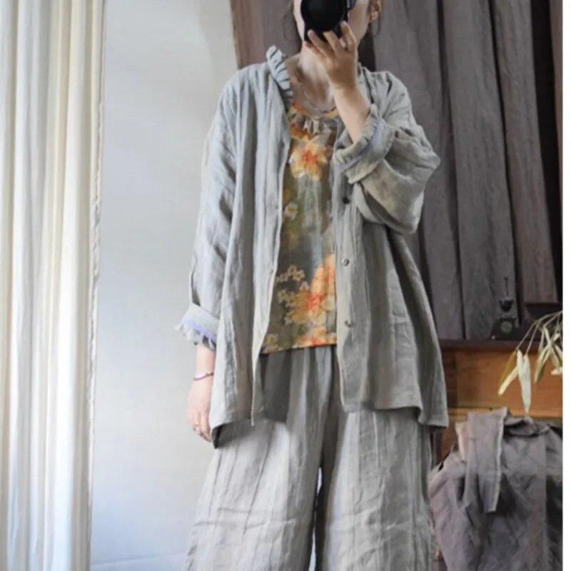 Johnature Linen Retro Irregular Vintage Style Shirt Autumn Woman Long Sleeves Casual Single Breasted Shirt