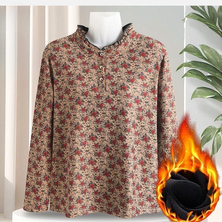 Printed Plus Velvet Bottoming Shirt Top Floral Long-sleeved Women's Stand-up Collar Warm T-shirt