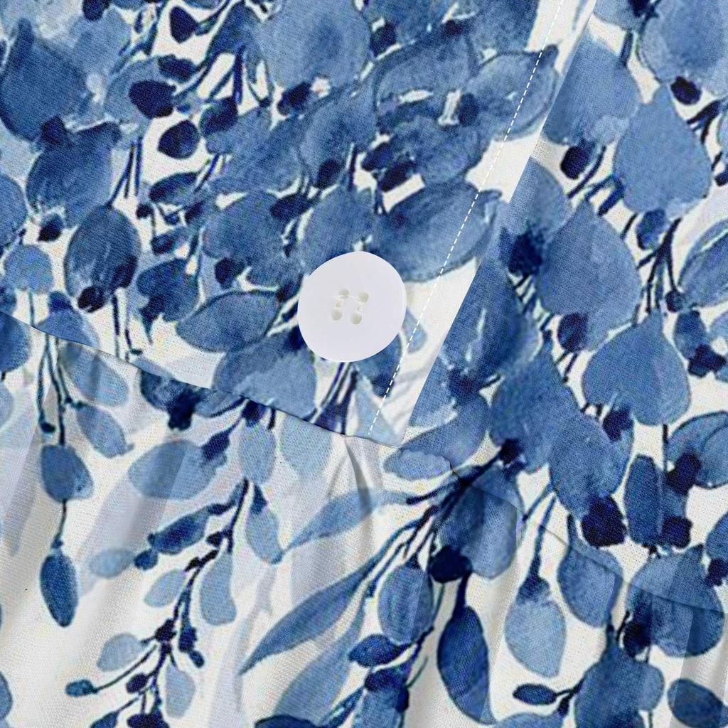 Women's Fashion Casual Printed Lapel Collar Button 3/4 Sleeve Clothing Straps Dress