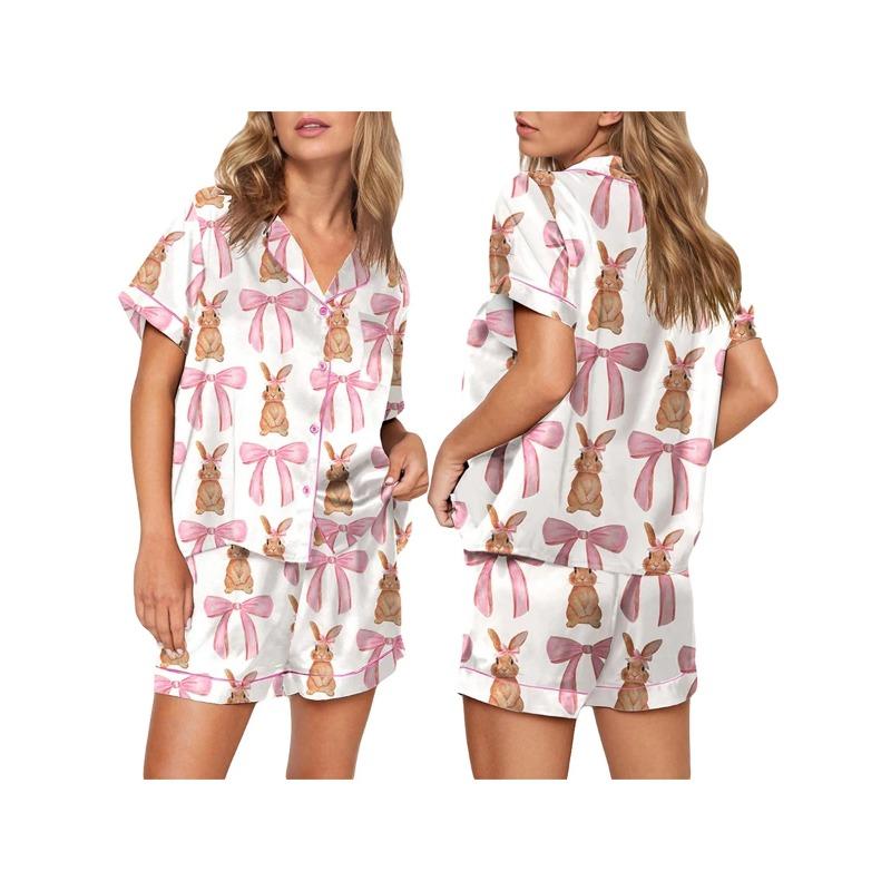 

Женский комплект из 2 предметов для дома, пижама с коротким рукавом, милым бантом, застегивающаяся на пуговицы рубашка, топ + свободные шорты, комплект для сна L