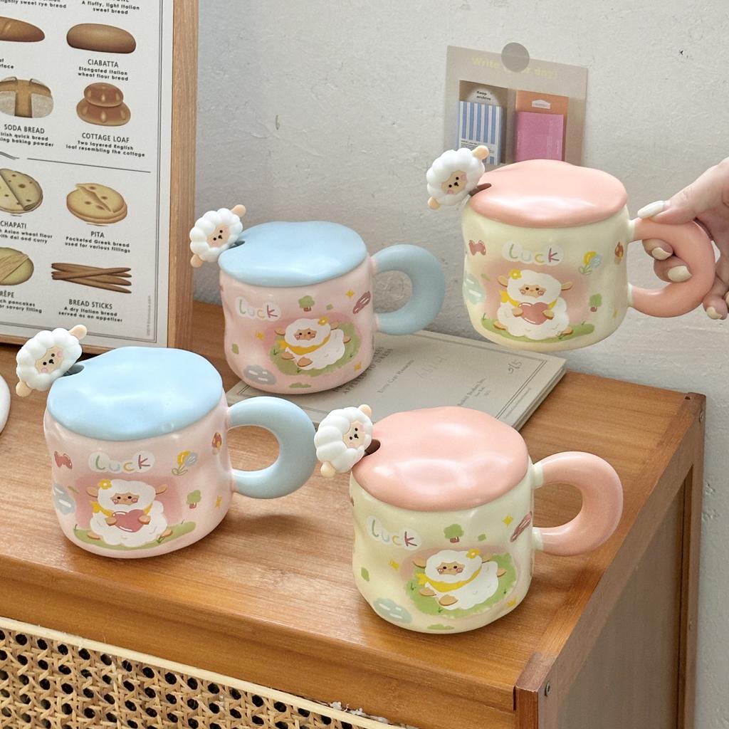 Cute Cartoon Lamb Ceramic Cup Birthday Gift Girl Mug with Lid Couple Girl High value Water Cup