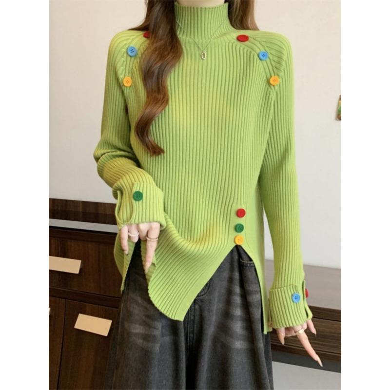 

Корейский вязаный свитер с высоким воротом для женщин с цветным дизайном пуговиц и боковыми разрезами, однотонная женская одежда с длинными рукавами one size