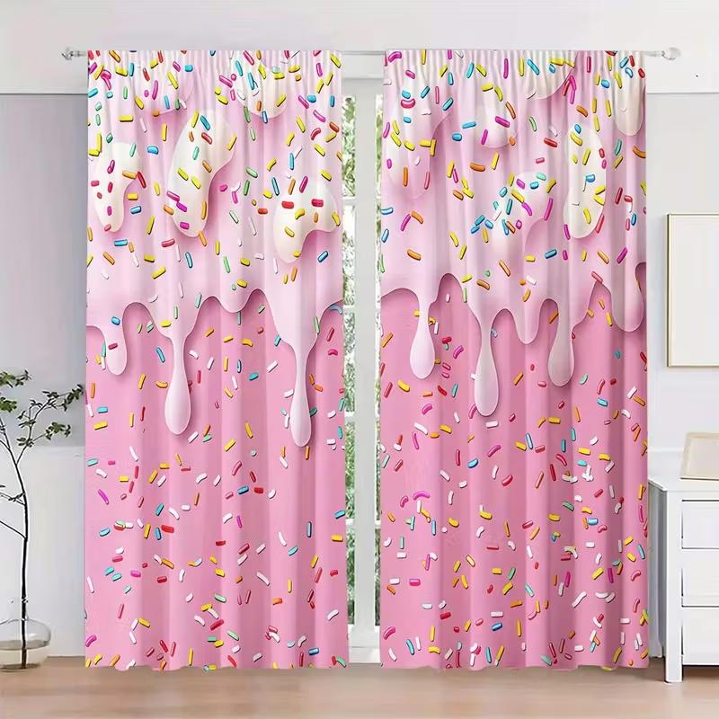 2pcs Cute Pink Dripping Frosting & Colorful Sprinkles Pattern Curtains Designed for Light Blocking Premium Material Suitable
