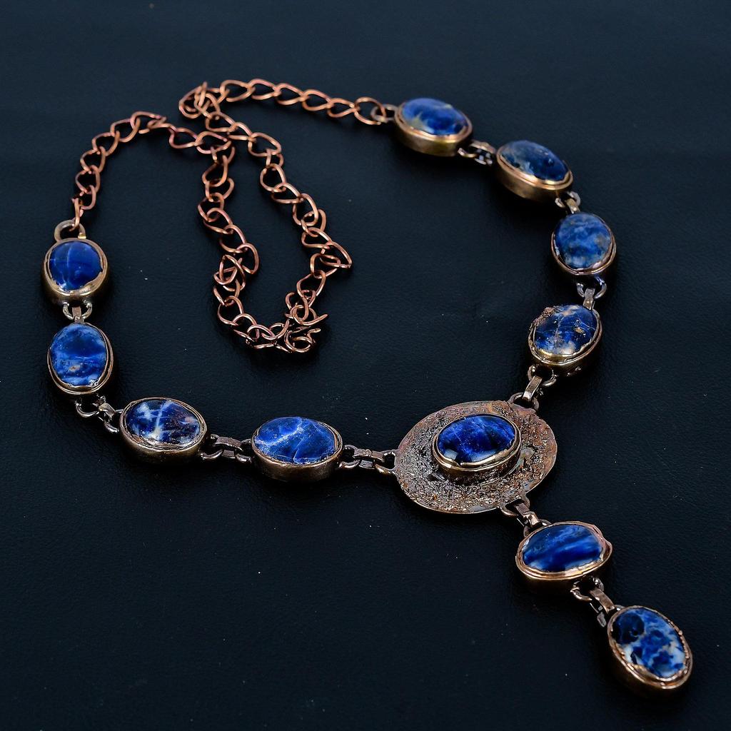 Sodalite Copper Electroformed Necklace with Adjustable Chain, Handmade Gemstone Jewelry Necklace For Memorial Day