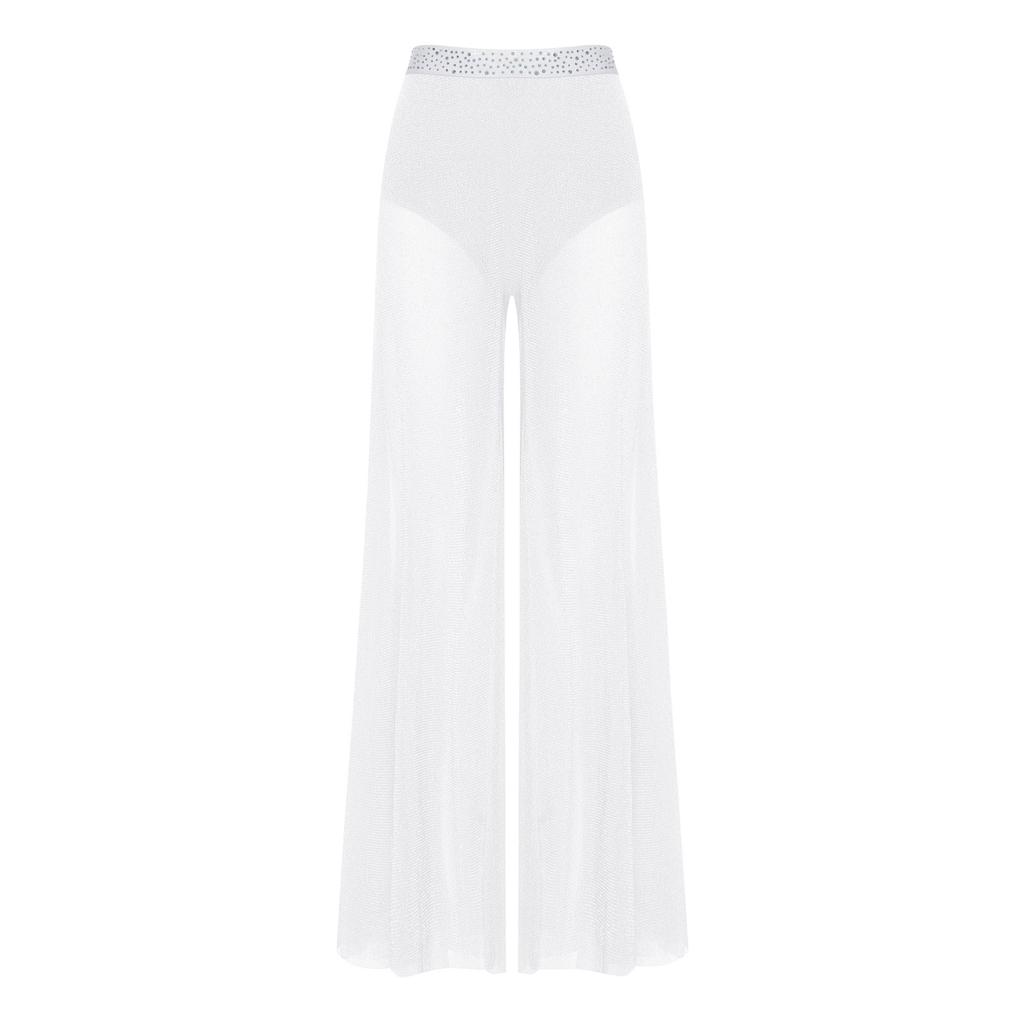 Womens Lyrical Dance Pants Rhinestone Waist Shimmering Mesh Legs Built In Briefs Modern Costume