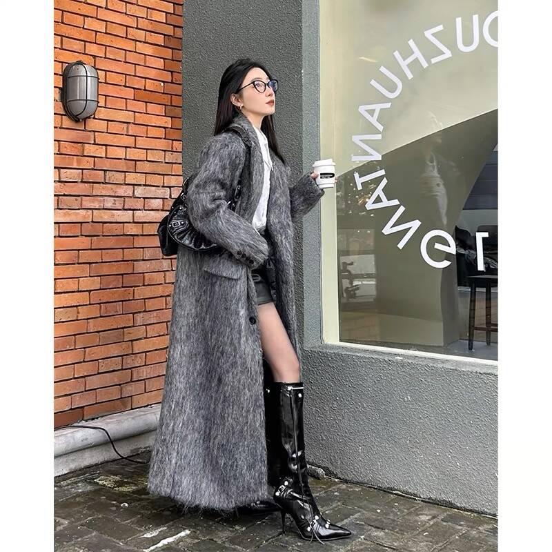 Náladový Nadměrný Korejský Francouzský Hepburn Styl Šedý Dlouhý Vlněný Streetwear Kabát