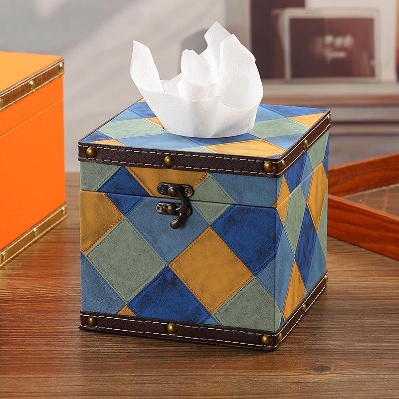 Classic Contrast Color Creative Tissue Box Indoor Desktop Leather Carton Square Light Luxury Household Napkin Carton