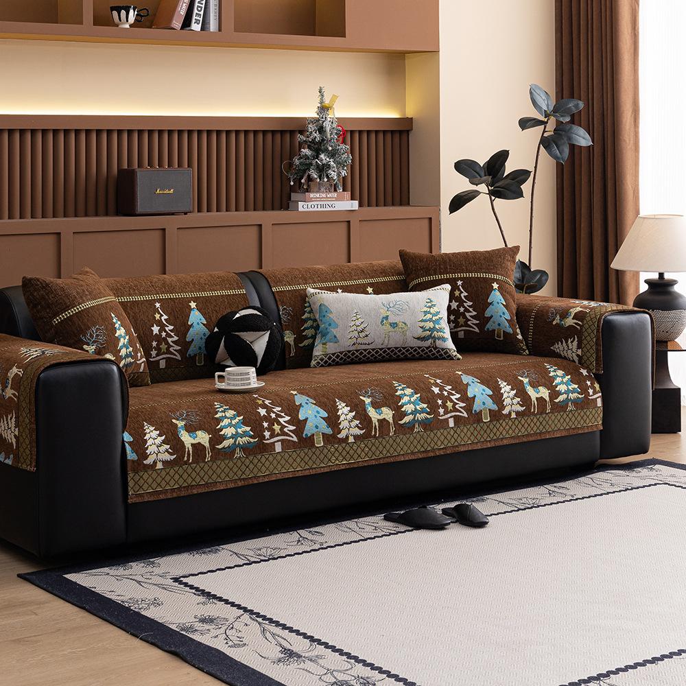 

Chinese Style Chenille Sofa Slipcover Couch Cover Geometric Embroidery Thick Plush Cover 70*70cm кофейный