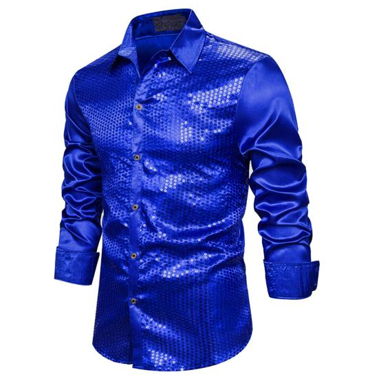 Men Shirt Club Dance Shirt Shiny Sequin Lapel Single-breasted Slim Fit Colorful Stripe Glossy Long Sleeve Performance Men Top