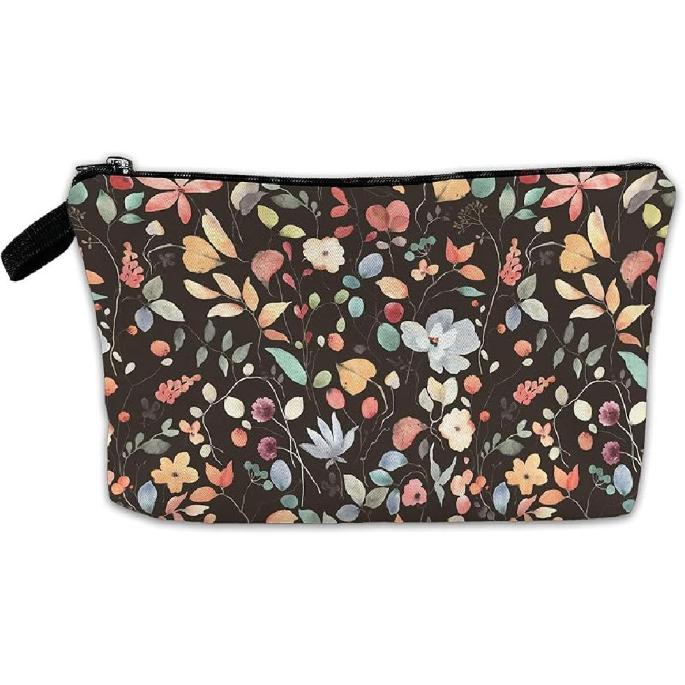 White Flower Floral Makeup Cosmetic Bag Blue Aesthetic Pouch Organizer Small Compact Cute Travel Mini Portable Beauty Toiletry Make Up Brush Storage