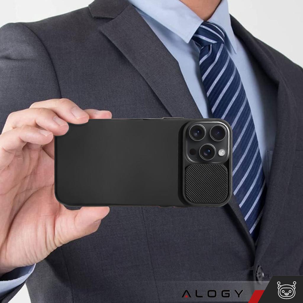 Etui Do Iphone 15 Pro Max Slide Case Z Osłoną Na Obiektyw Aparat Obudowa Matowe Czarne Alogy Soft Matt + Szkło