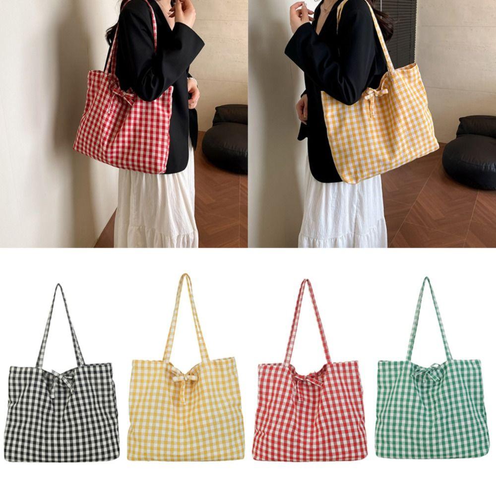 Trendy Polyester Plaid Tote Bags Large Capacity Lightweight Bow Shoulder Bag Bow Tie Design Shopping Bag Ladies