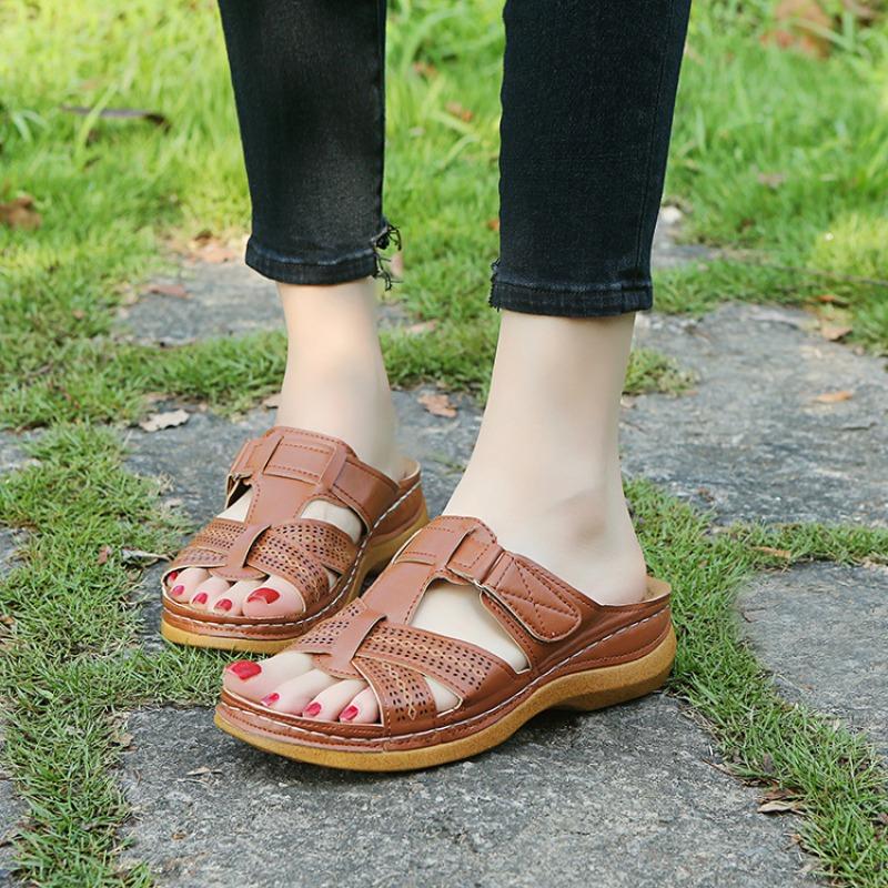 Casual women's slippers summer large size wedge heel thick-soled slippers hollow cross-strap outer slippers