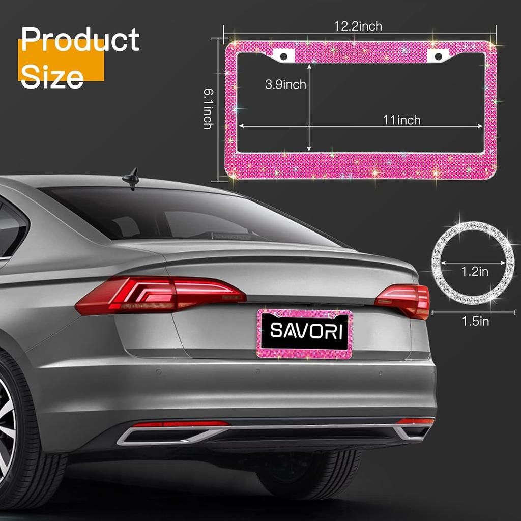 Bling License Plate Frames for Women 2 Pack, Rhinestone Crystal License Plate Cover with Bolts Washer Caps Univerasl Bling Car Accessories for Girls