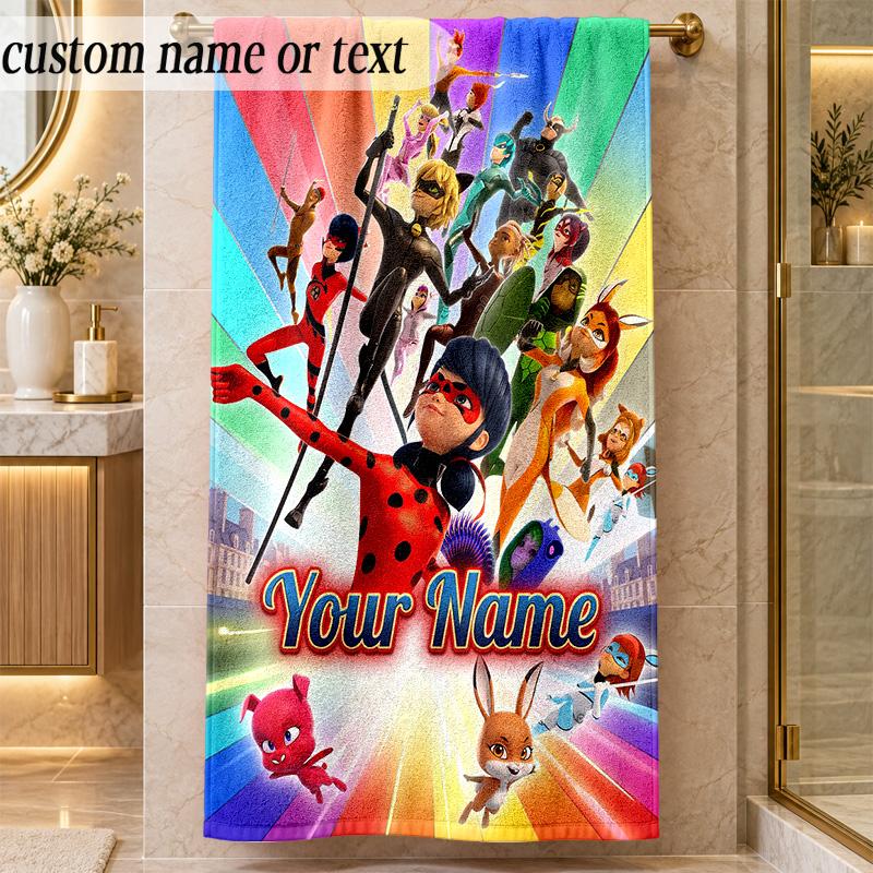 Beach TowelMiraculous Ladybug Custom Name Text Personalized Soft Towel for Beach Pool Indoor Home Decor Gift