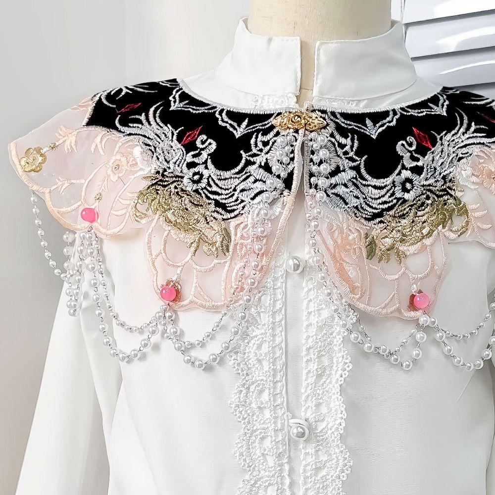 Chinese Style Hanfu Collar Pearl Embroidery Design Embroidered Shawl Floral Pattern Tassels Detachable False Collar