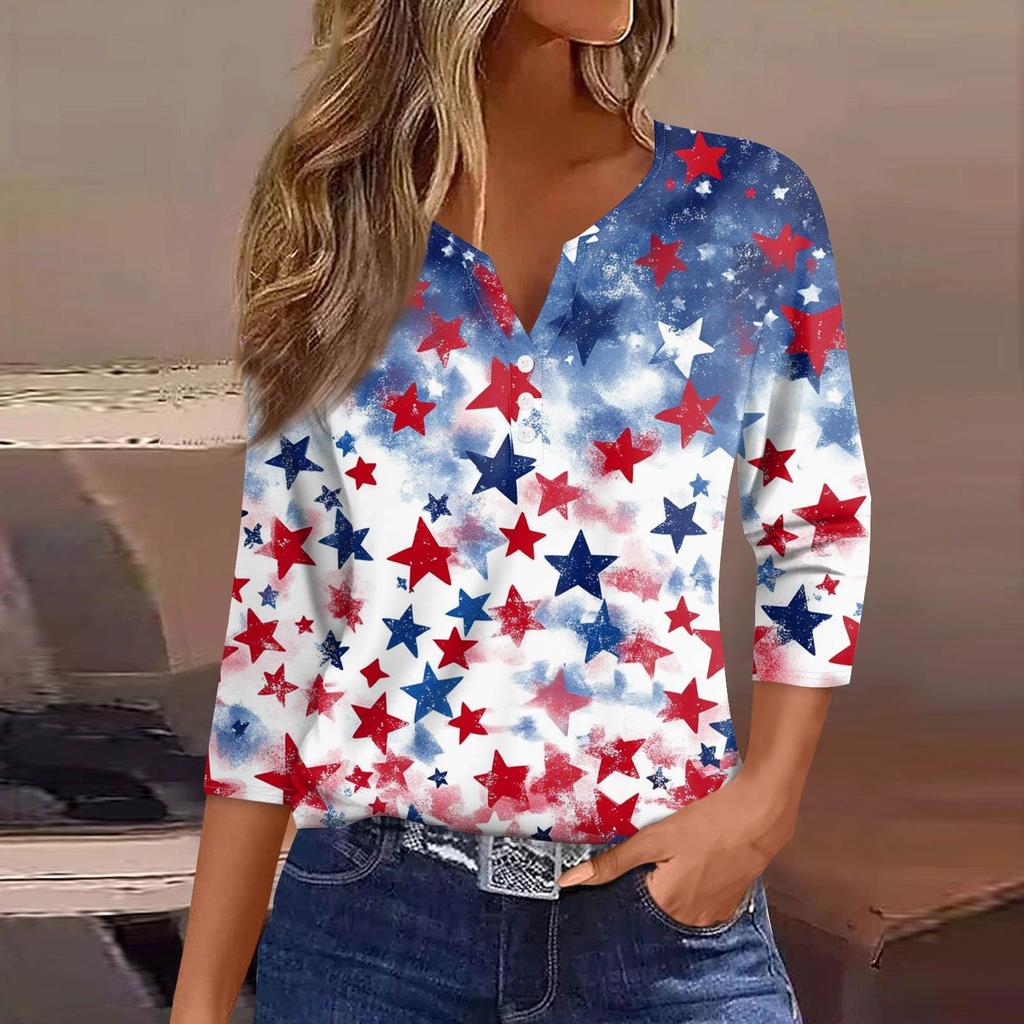 Women's Fashion Button V Neck Seven Sleeve Independence Day Printed Top