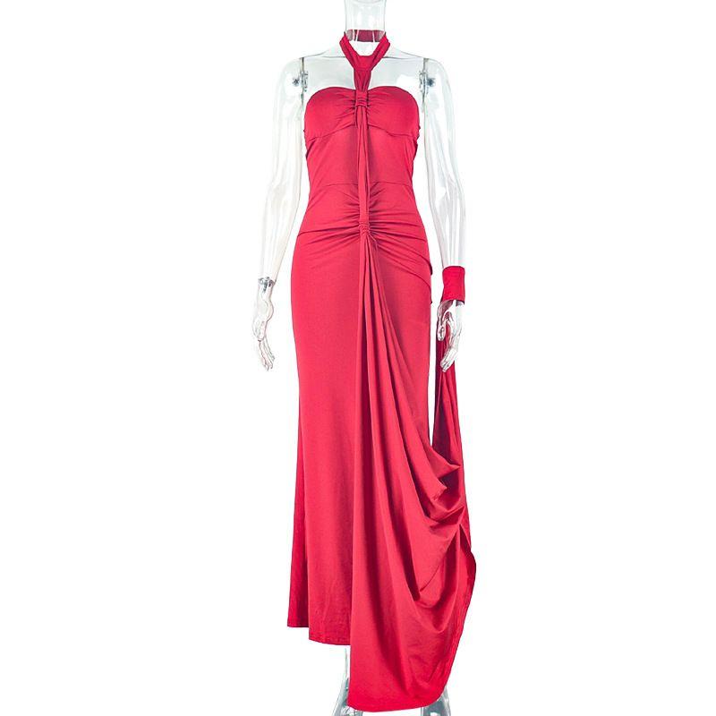 

Stylish Elegant Backless Shoelace Tube Top Bodycon Dress Ruched off-Neck Ribbon Hand Strap Banquet Formal Long Dress Red(The most Plus size weight 520 grams) S