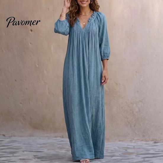 Breathable Women Dresses Bohemian Ruffle V-Neck Long Dress, 3/4 Sleeves Maxi Dress for V Neckline Women, Solid Color Casual Loose Spring Fall