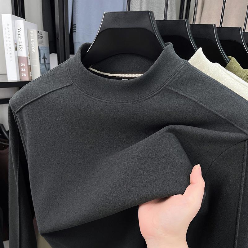Men's Thickened Warm Long-Sleeve Hoodie, 2025: Half-High Collar, Double-Sided German Fleece, Self-Heating Solid Color Base Layer