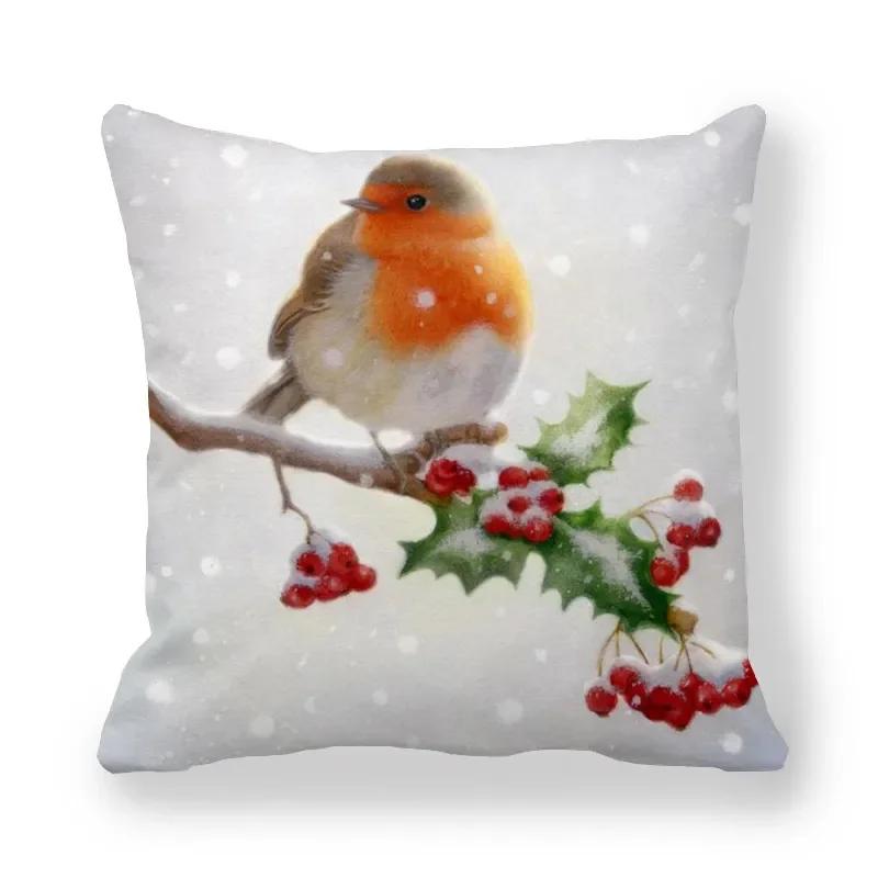 New Christmas Cushion Cover Print Robin Bird Pillow Navidad Gift Pillowcase Decoration