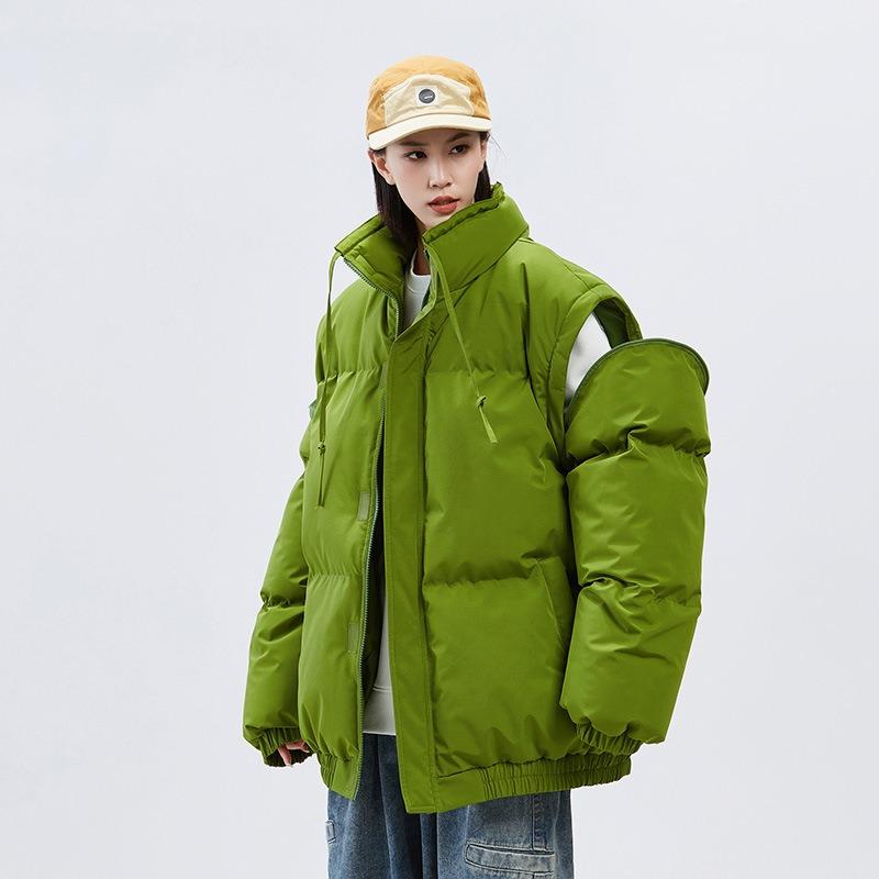 New Winter Cotton-padded Jacket Solid Color Couple Cotton-padded Jacket Stand-up Collar Thickened Warm Bread Jacket Sleeves Removable
