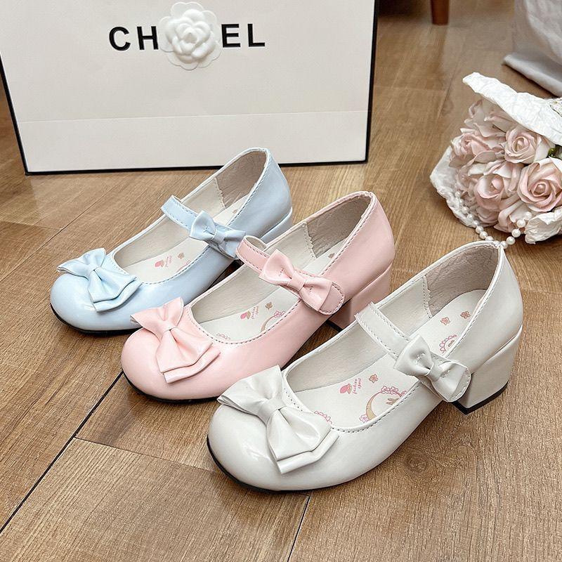 Pink high heels original lolita small leather shoes mary shoes cute bow heel round head lo shoes women