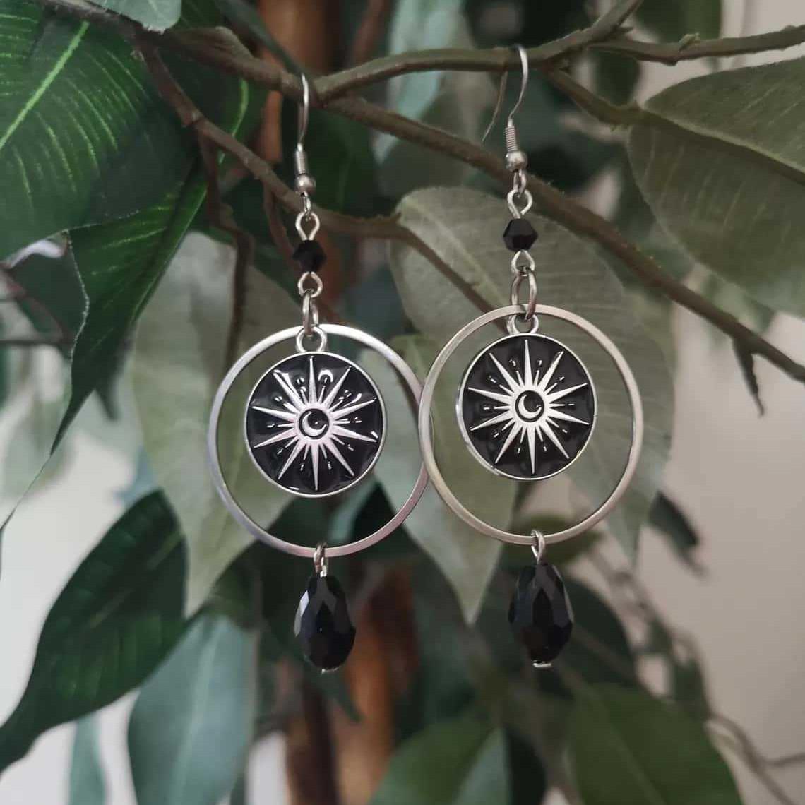 

Witchy Celestial Sun Moon Dangle Earrings Black Crystal Drop Earrings for Women Halloween Gothic Pagan Stainless Steel Jewelry