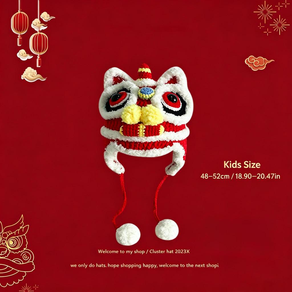 Hand‑Crochet Chinese Lion Dance Hat, Traditional New Year Knit Earflap Winter Party Festival Gift Beanie