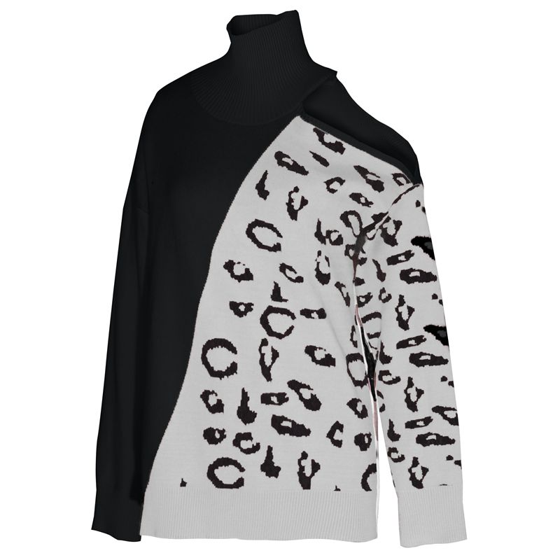 Γυναικείες φθινοπωρινές χειμερινές περιστασιακές πλεκτές πουλόβερ πουλόβερ πουλόβερ με ζιβάγκο στράπλες με πλήρες μανίκι λεοπάρ συνονθύλευμα ραφή χακί καραμέλα μαύρο S-XL