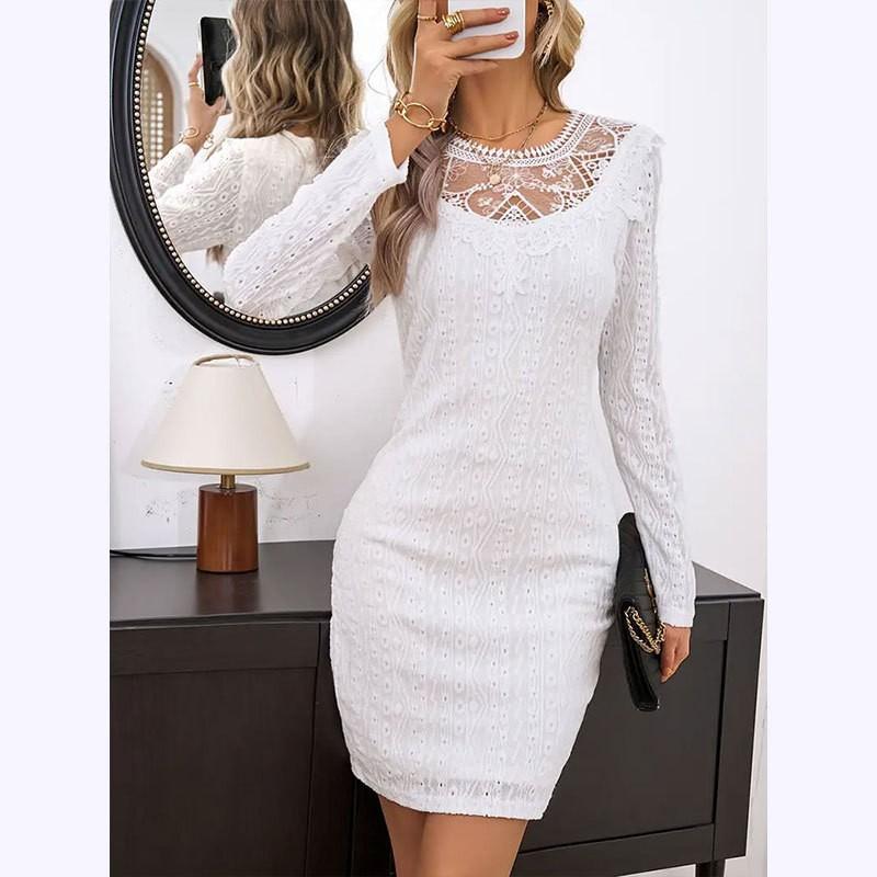 Women s summer new elegant commuter lace long-sleeved dress round neck lace splicing hip skirt European and american code s