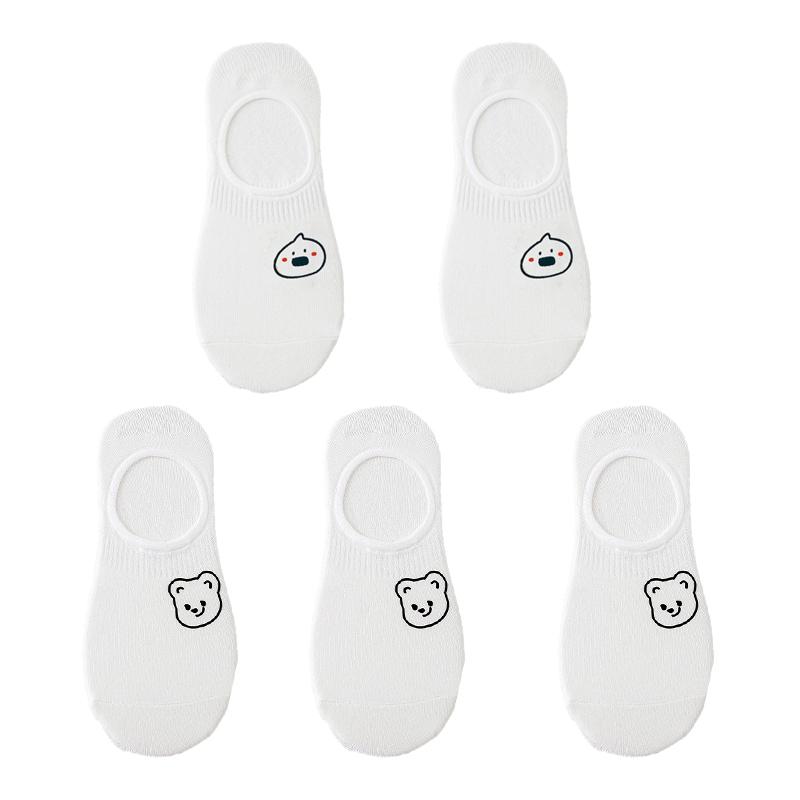 5 Pairs/lot White Cartoon Boat Socks for Women Cute Sketch Thin Summer Shallow Socks Silicone Non-Slip Invisible Crew Socks