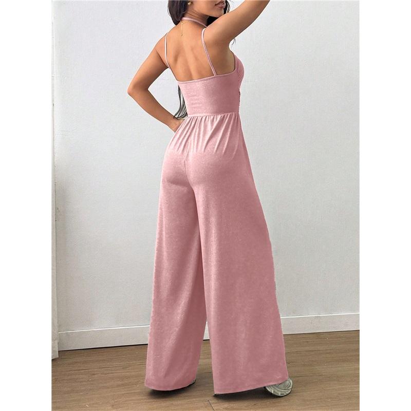 Women's Halterneck Suspender Pleated Waist Backless Jumpsuit