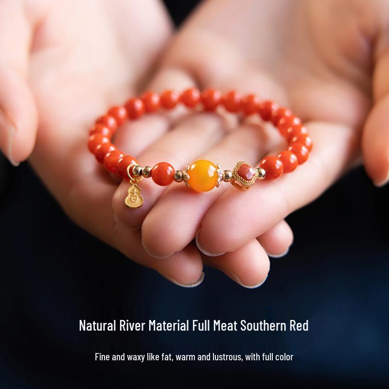 Red Agate & Amber Beaded Bracelet with Ruby Four-Leaf Clover for Women