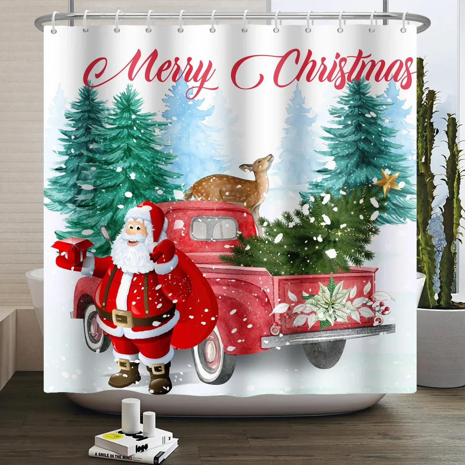 

ZYQ01Fun Christmas Shower Curtain, Santa Fireplace Pine Christmas Ball Dwarf Red Truck Elk Gift, Bathroom Decoration Shower 6Bn% 120x180cm-47x70in