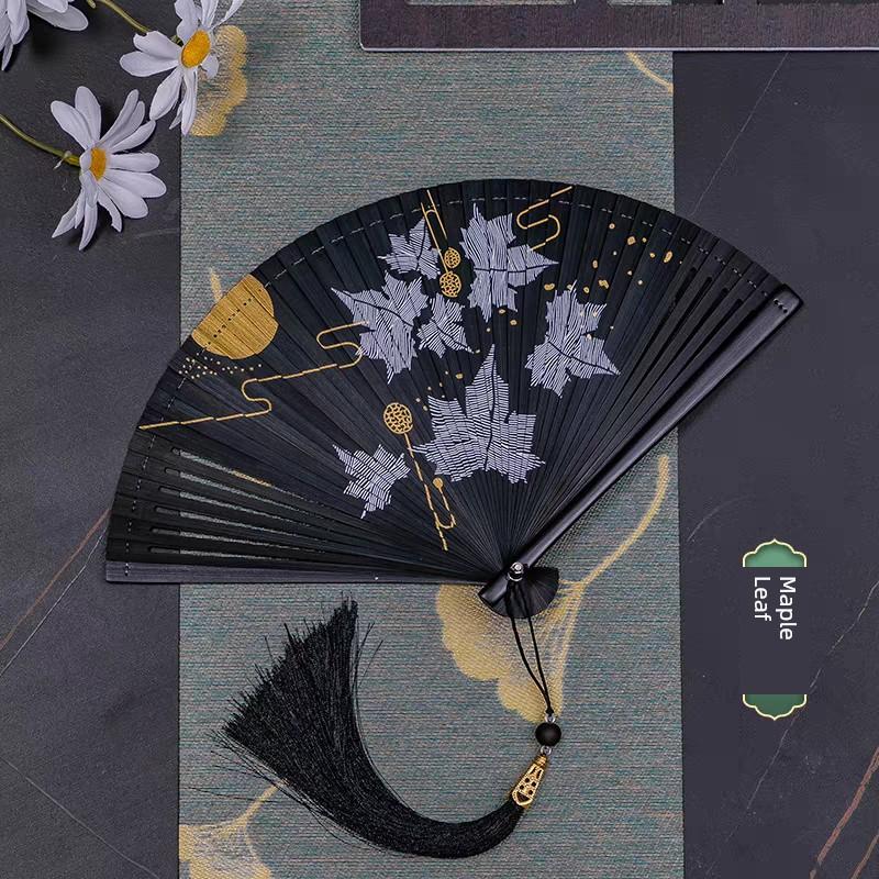 Chinese Style All-Bamboo Classical Fan for Women, Japanese-Style Ancient Classical Black Folding Fan, Bamboo Fan for Hanfu Dance, Portable and Easy