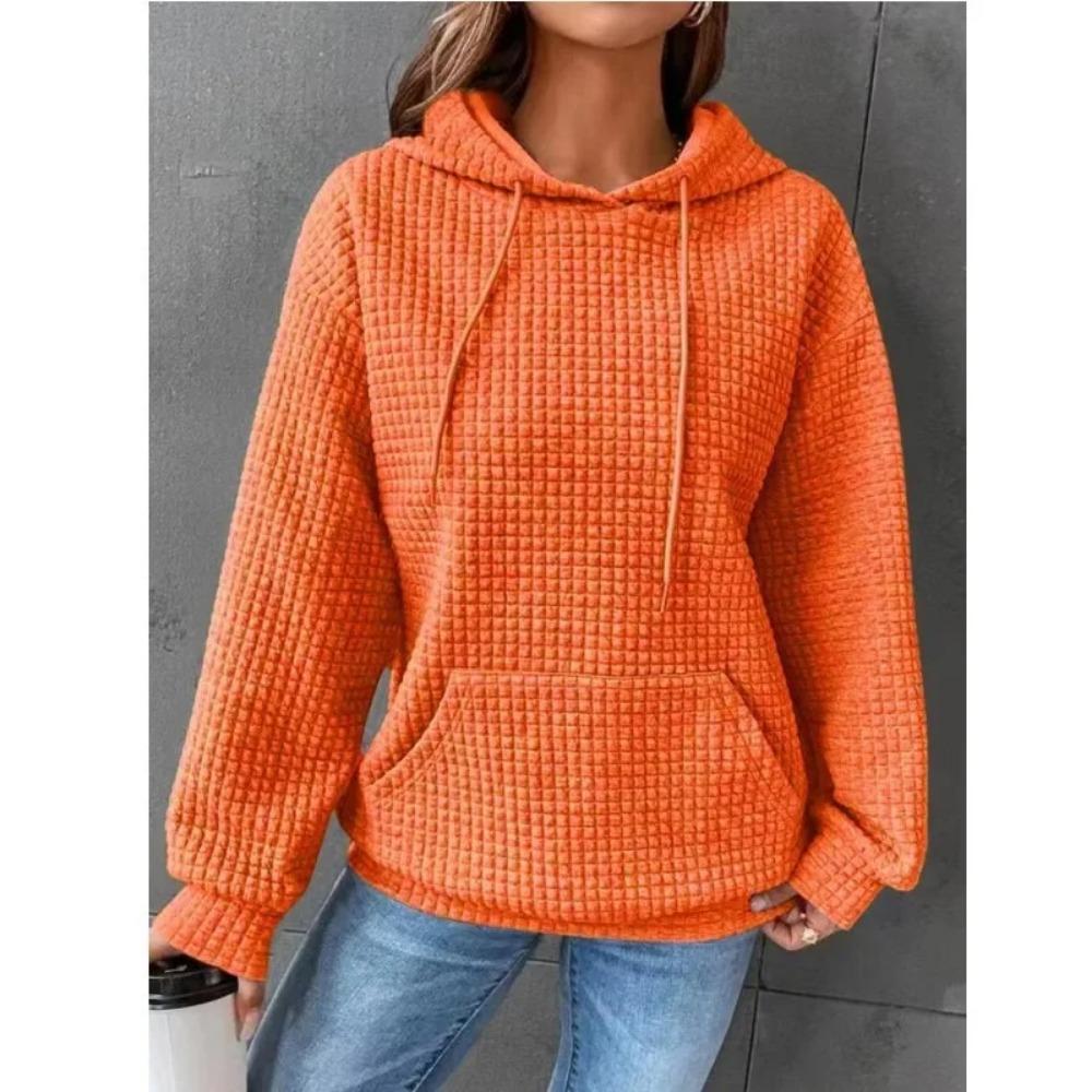 Women's Hooded Sweatshirt Spring and Autumn Style Waffle Fashion Beautiful Solid Color Hooded Drawstring Loose Sweatshirt