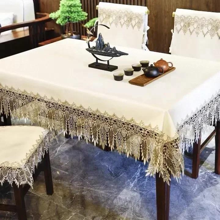 Tablecloth Waterproof and Oil Resistant Lace Embroidery Edge PU Table Cover Home Dining Table Decoration Mat