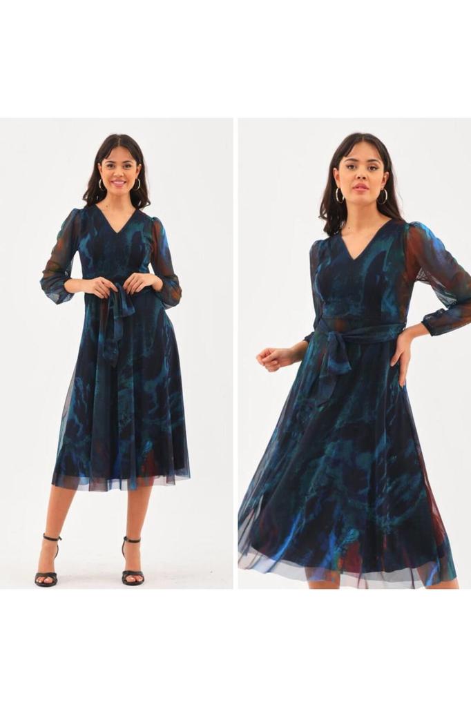Women's Big Size Dress V-Neck Midi Length Tulle Dress