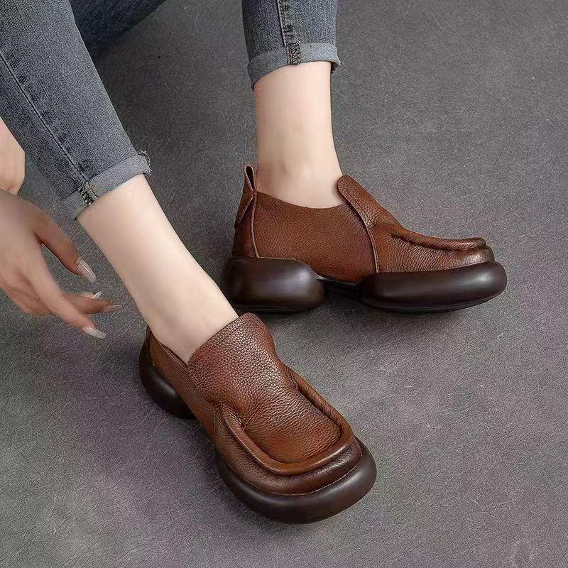 One pedal is not tired, autumn retro style, round head, comfortable and casual thick-soled small leather shoes for women