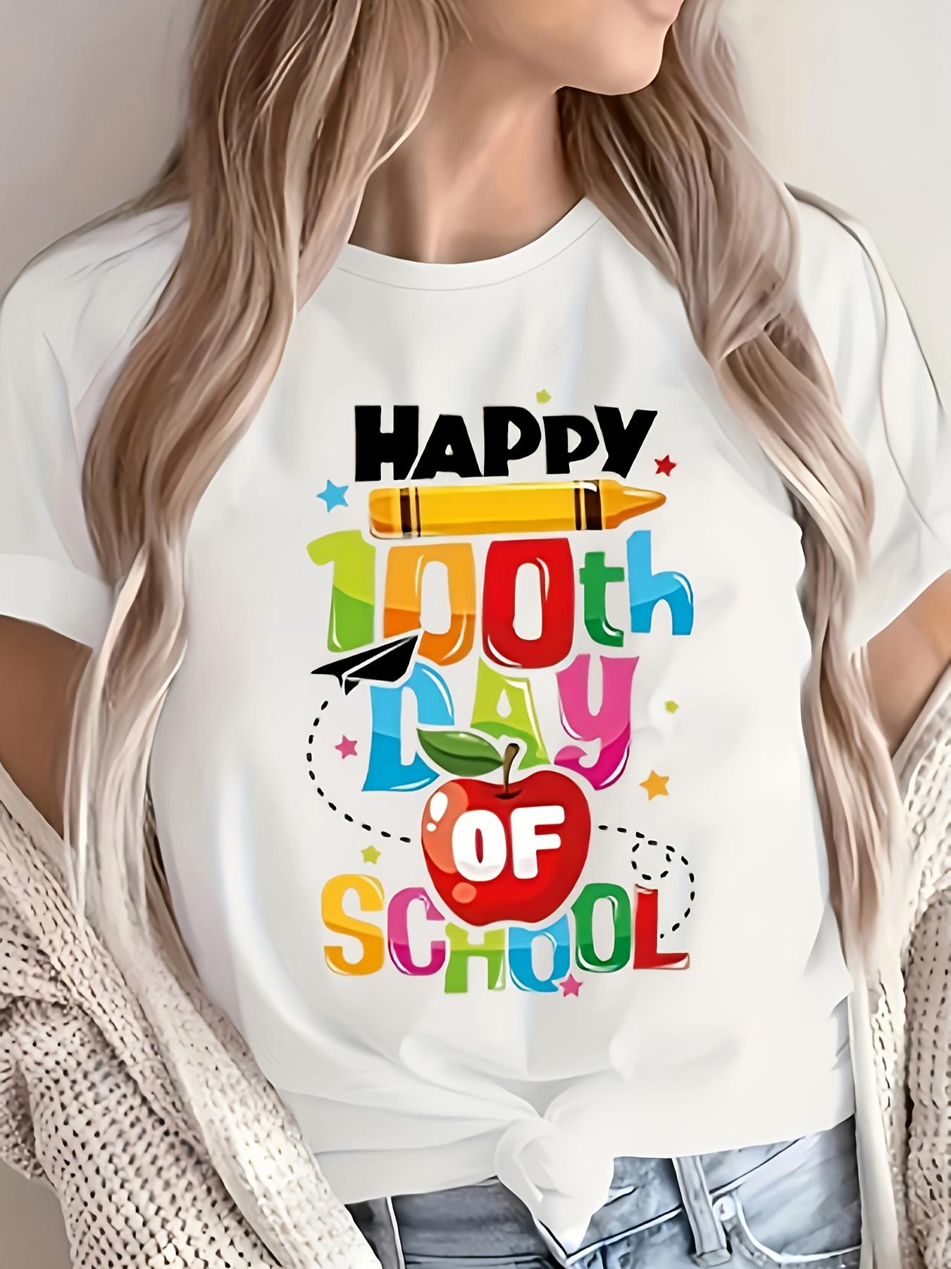 

European Size 1pc Women S Casual Crew Neck T-Shirt, 100th Day of School Celebration, Alphabet Pattern, Knit Polyester Fabric 4XL