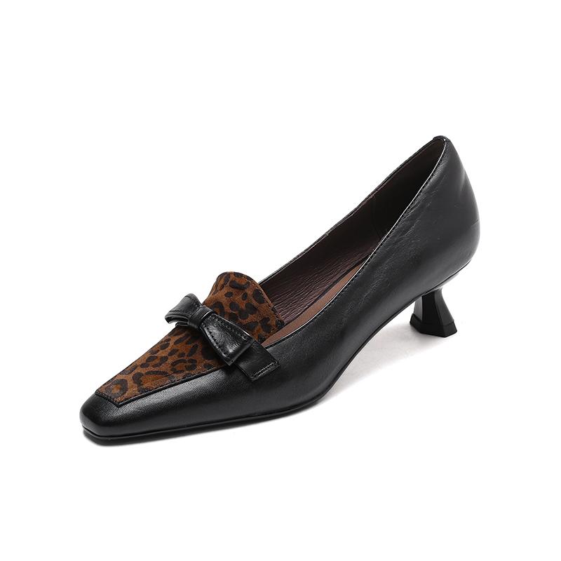 Fashion New Spring/autumn Genuine Leather Women Shoes Square Toe Shoes for Women Fashion Mixed Color Mid Heels Leopard Print Women Pumps