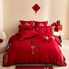 Clever Plan: Four Piece Wedding Bedding Set Made of All Cotton, Long Staple Cotton, Princess Style, Red and Black Style