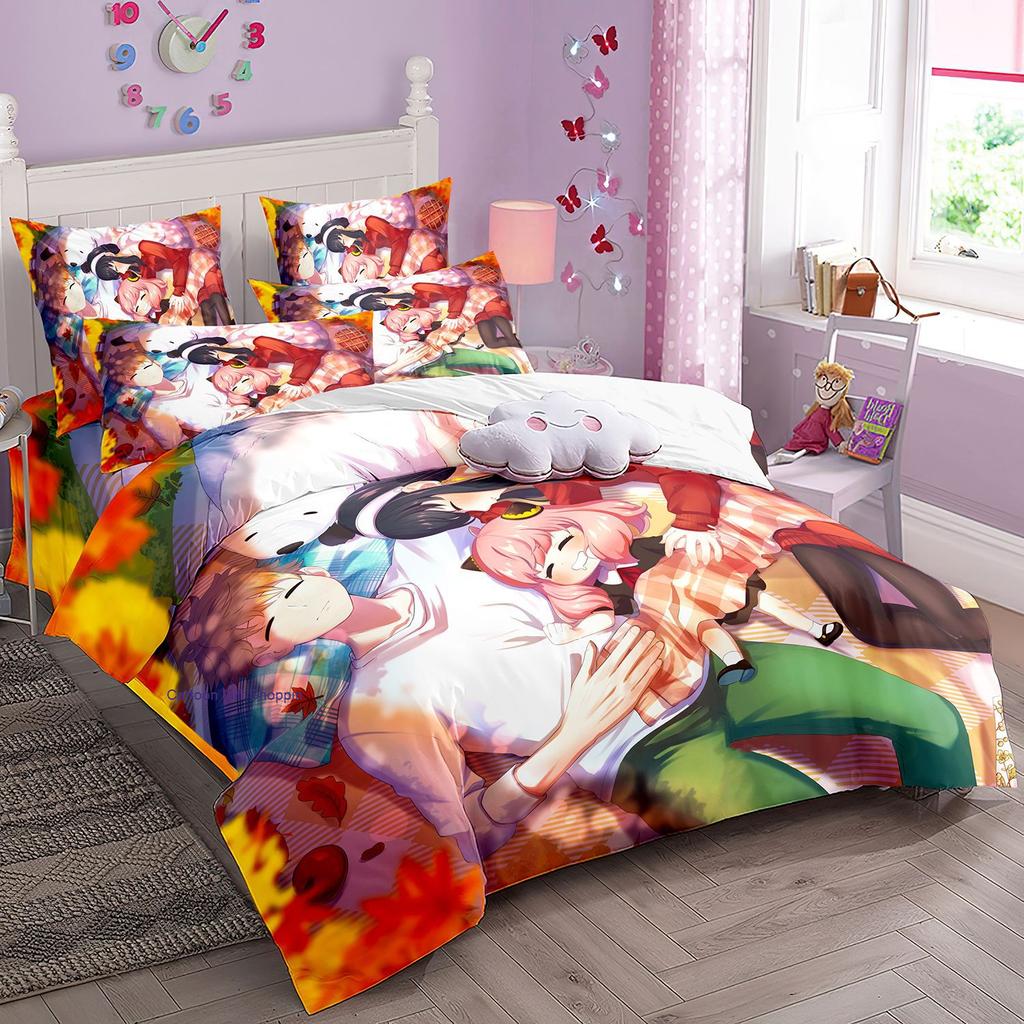 Anime Spy X Family Bedding Set Kawaii Loid Forger Anya Duvet Cover with Pillowcases Girls Boy Kid Set Quilt Cover Set
