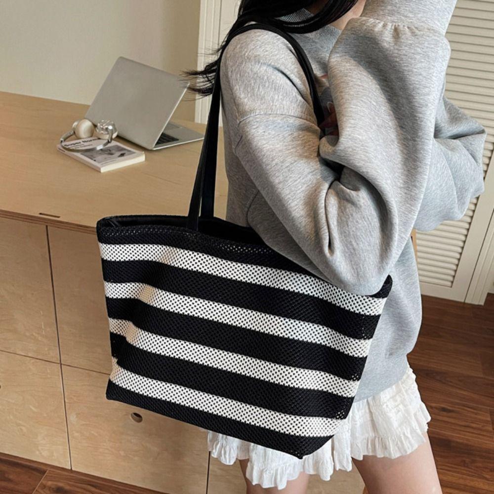 Korean Style Black and White Striped Tote Bag Large Capacity Hollow Shoulder Bag Girls