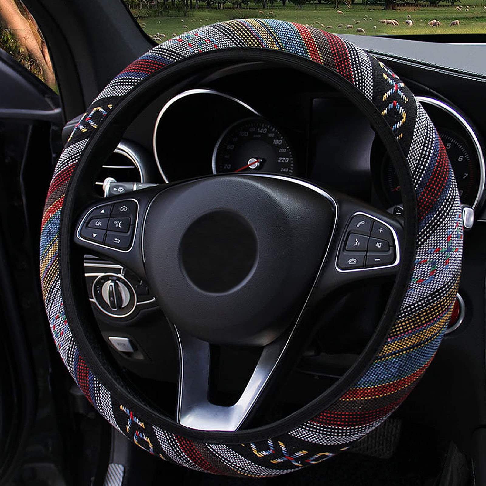 

Steering wheel cover, Steering cover, Regular car, Light car, Small car, Ethnic style, Folklore, Ethnic pattern, Linen, Anti-slip, Hand sweat pre